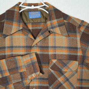 Vintage 70s Pendleton Board Shirt Mens Medium Wool Brown Orange Plaid USA Mint